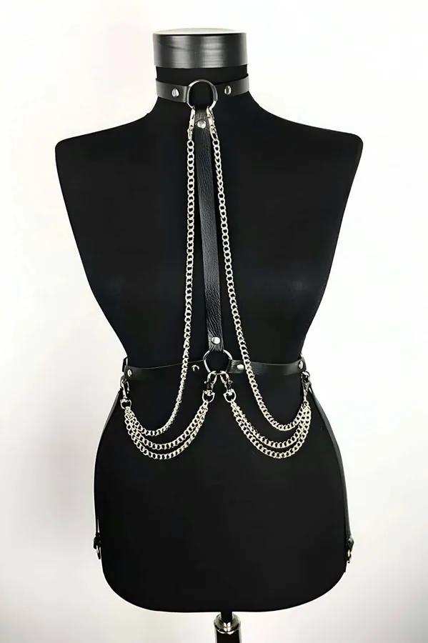 Black faux leather choker body harness with three draped silver curb chains and O-ring hardware on mannequin