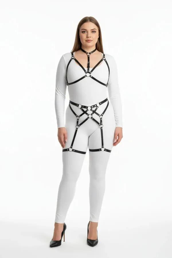 büyük beden siyah suni deri full body harness takım gümüş O-halkalı göğüs bel bacak jartiyer