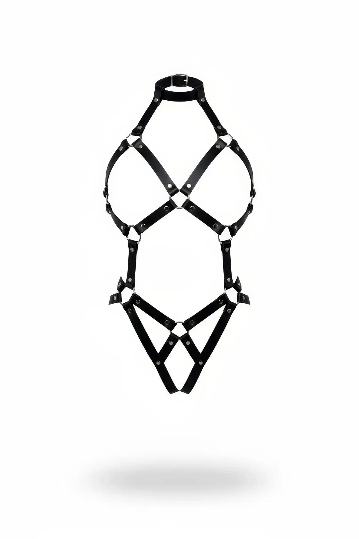 siyah suni deri tam vücut body harness choker boyunluk çapraz X göğüs bantları gümüş metal O-halkalar geometrik kalça
