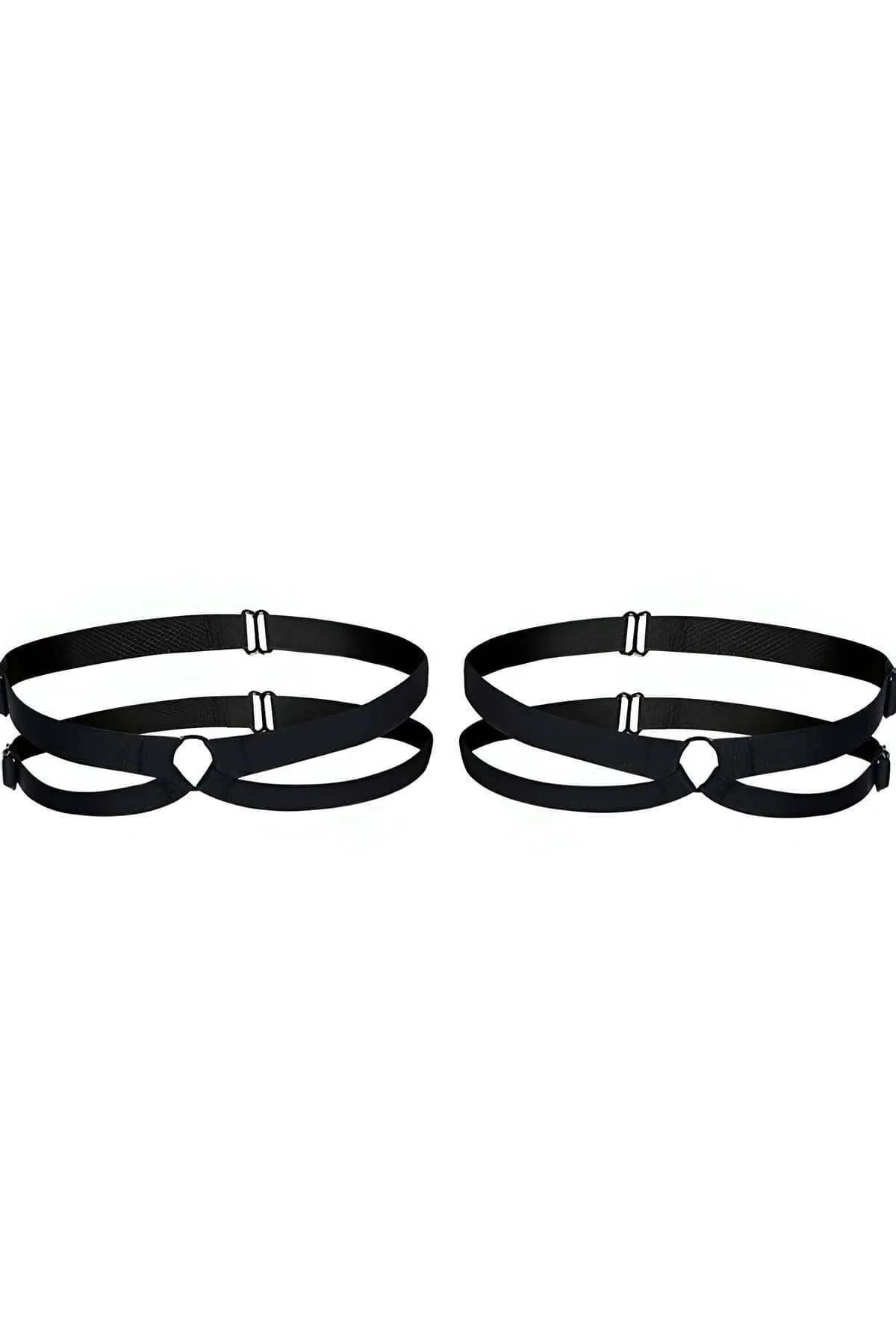 black double row garter harness leg bands with O-ring and silver slide buckles shown as a pair