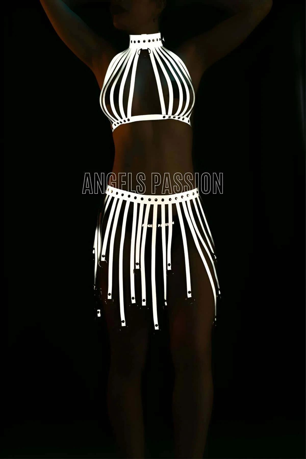 Reflective white cage halter harness and fringe mini skirt two-piece set with O-ring collar and metal eyelet detailing