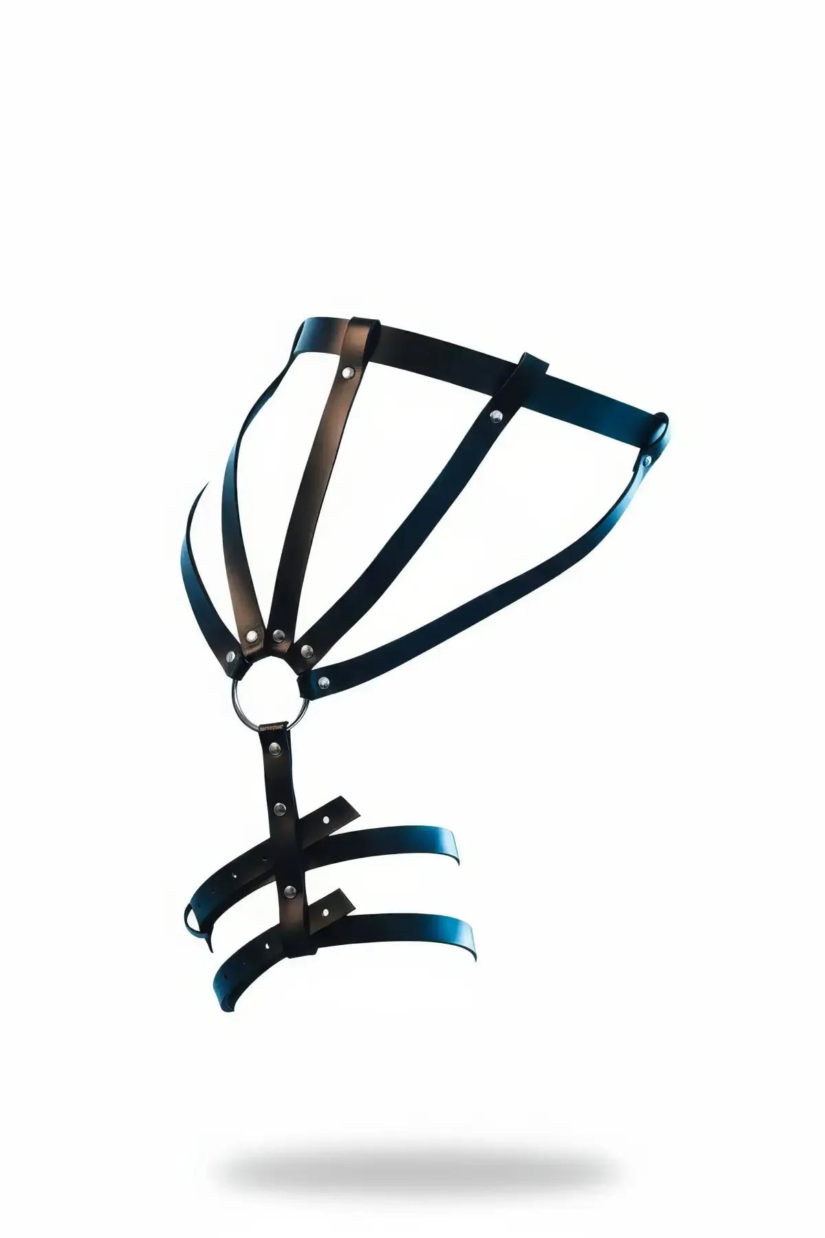 Jartiyer harness siyah faux leather bel ve bacak desteği gümüş O-ring ve perçin detaylı