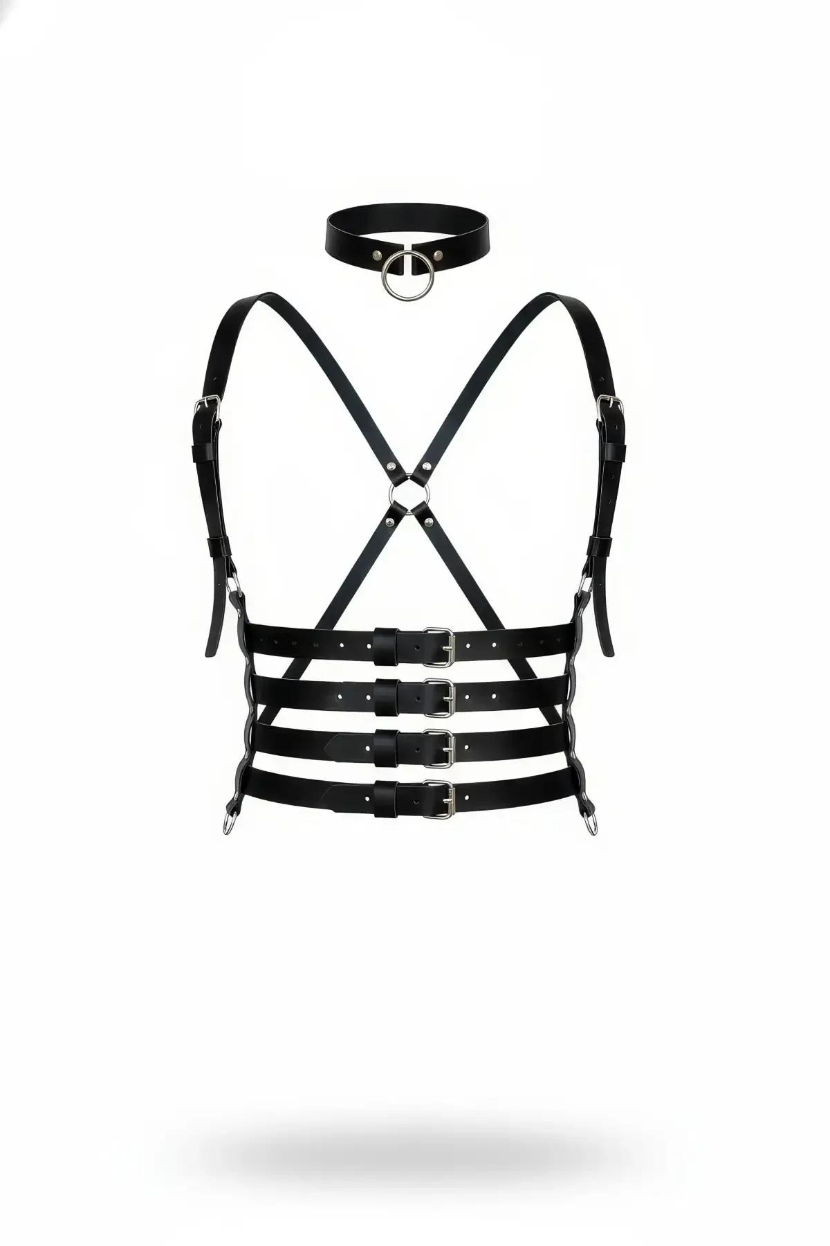 siyah faux leather vücut harness çoklu tokalı X-çapraz göğüs askılı ve boyun halkası seti gümüş metal toka
