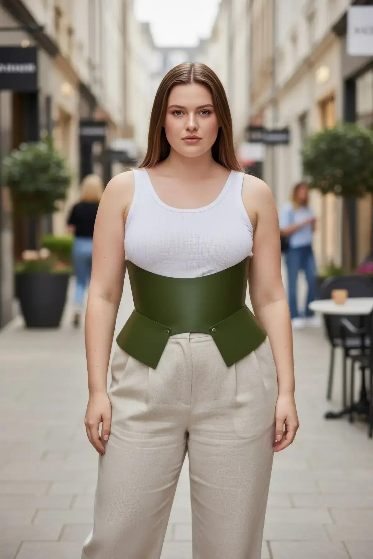 Haki vegan deri korse kemer büyük beden kadın bel aksesuar ön çıtçıt kapalı sokak stili