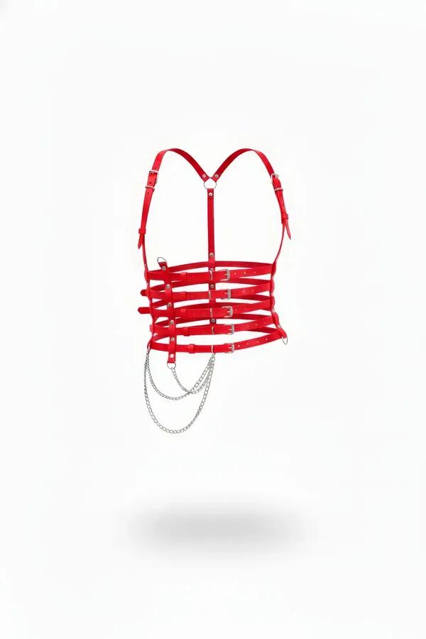 Red Faux Leather Chest Harness with Adjustable Straps & Chain