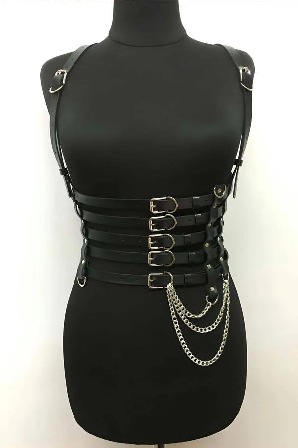 Black faux leather corset harness with five buckled waist straps and draped silver chain on mannequin