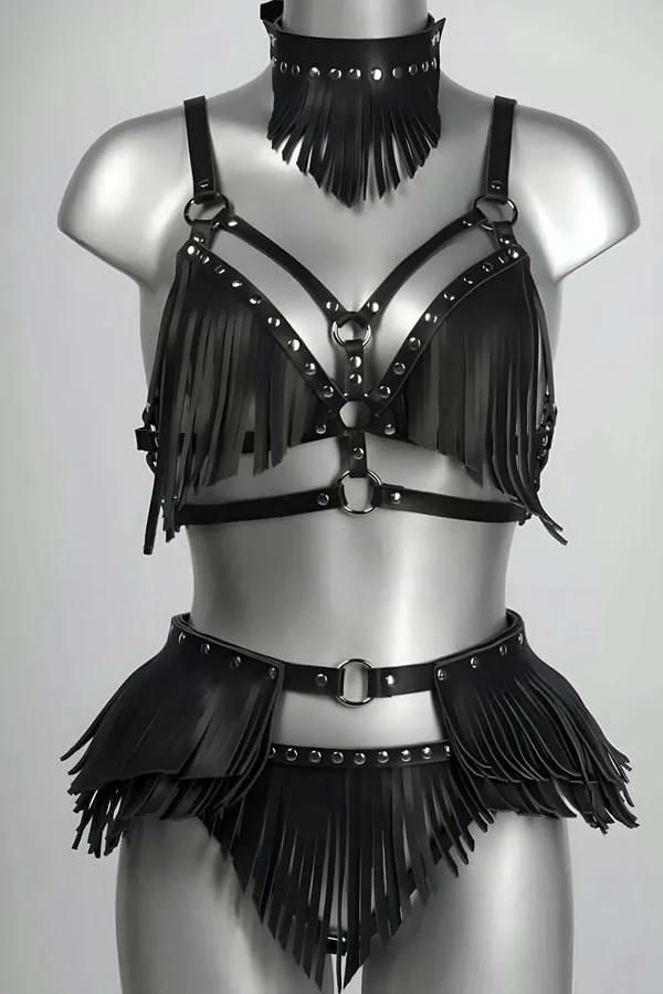 Black faux leather fringed bustier harness set with studded fringe skirt and matching fringed choker, silver O-ring hardware