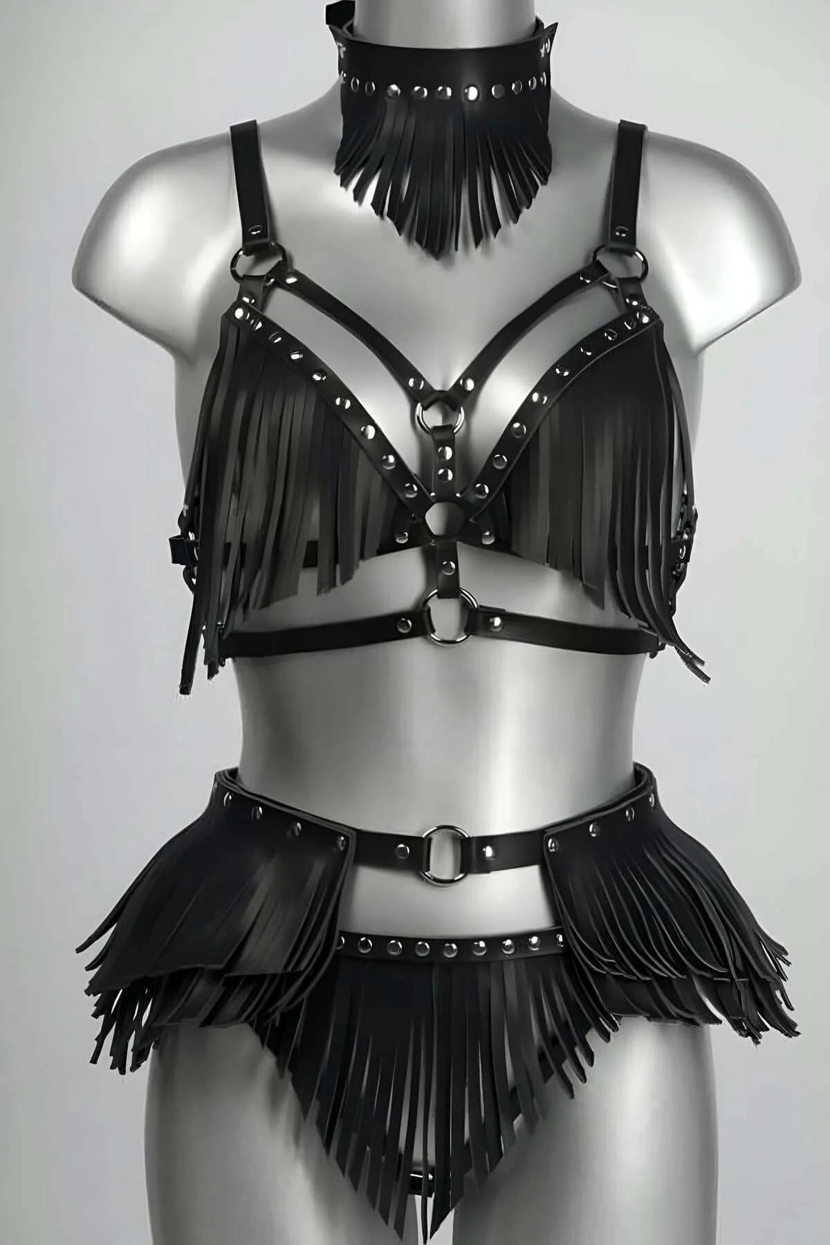 Black faux leather fringed bustier harness set with studded fringe skirt and matching fringed choker, silver O-ring hardware