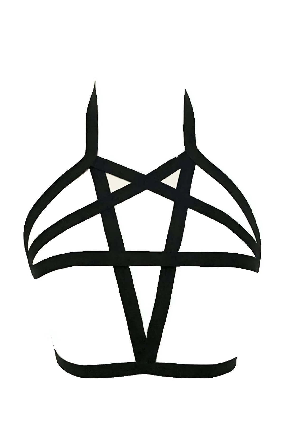 Black elastic chest harness with pentagram star panel and double underband, flat lay on white background