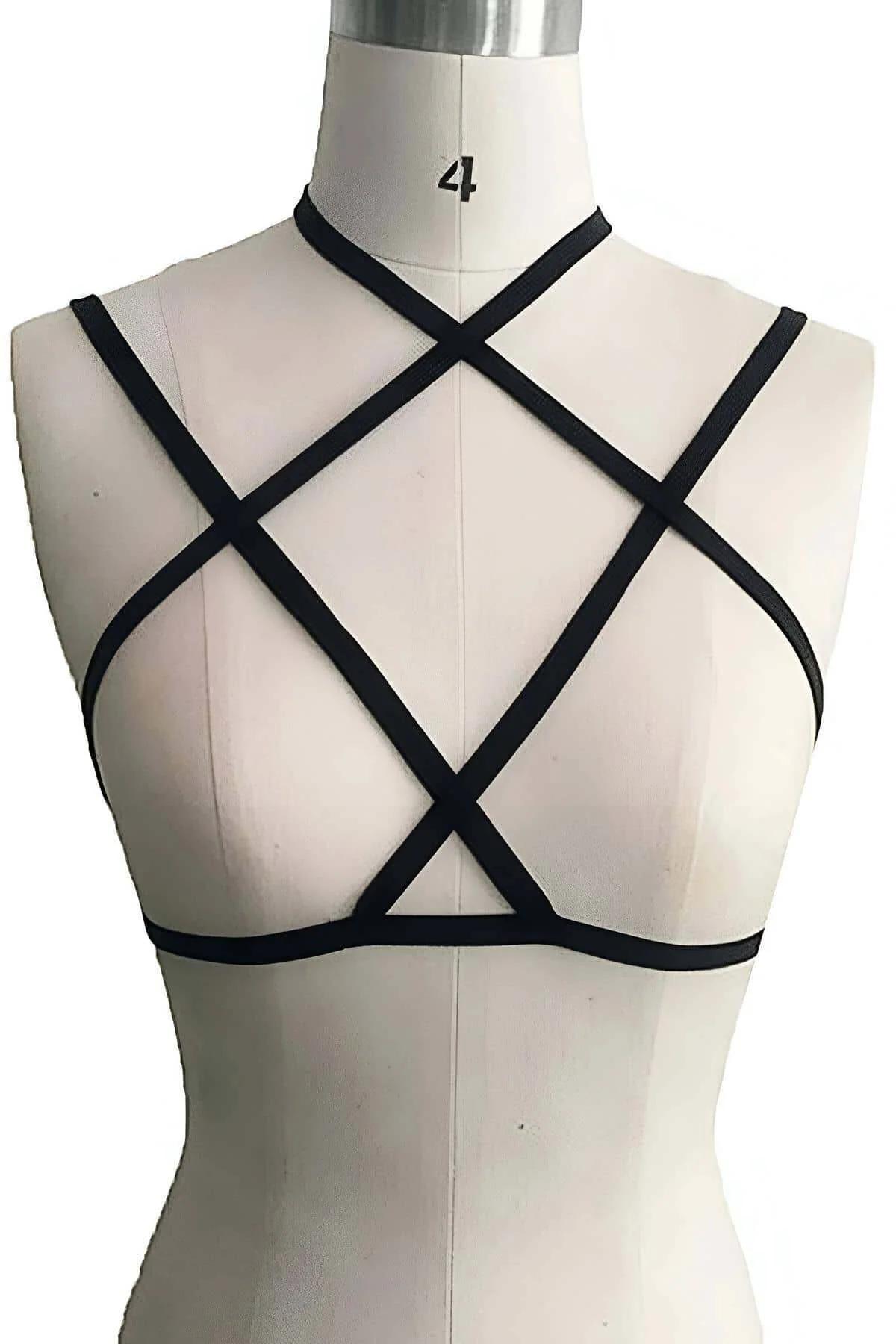 black elastic cage halter body harness with criss-cross X-strap chest panel on dress form, narrow 1.2 cm flat bands
