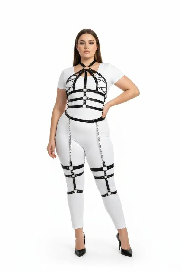 büyük beden siyah vegan deri full body harness takım gümüş zincir detaylı göğüs ve bacak bantlı
