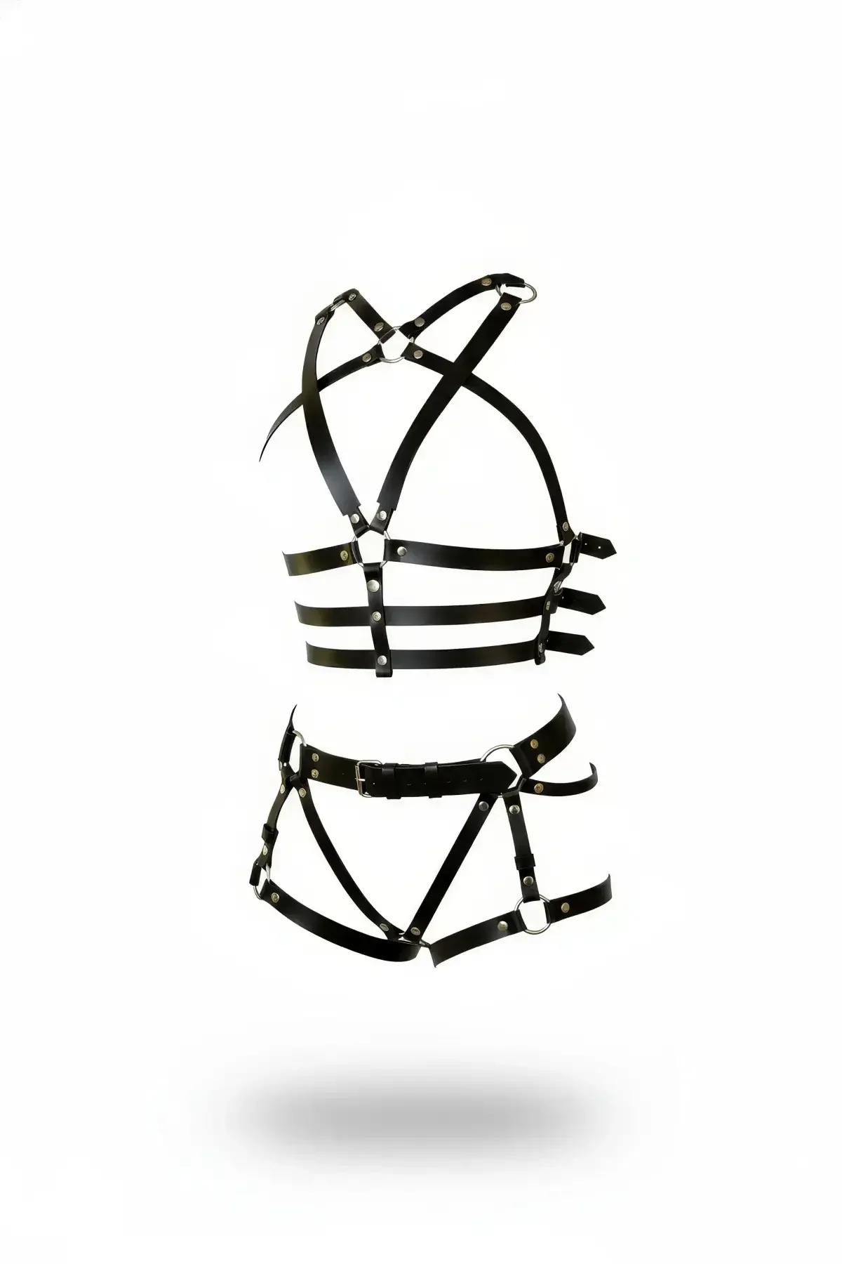 Siyah vegan deri harness takım çapraz X kayış ve gümüş O halka detaylı üst alt 2 parça set