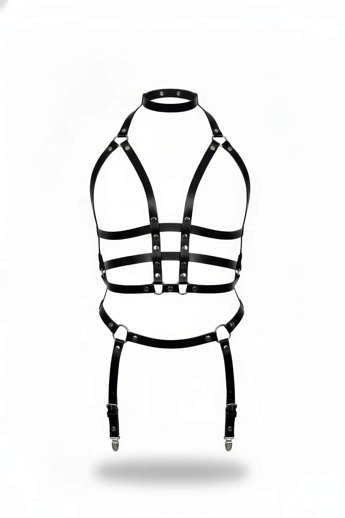 Siyah vegan deri harness takım yüksek yaka choker gümüş metal perçin jartiyerli ön görünüm