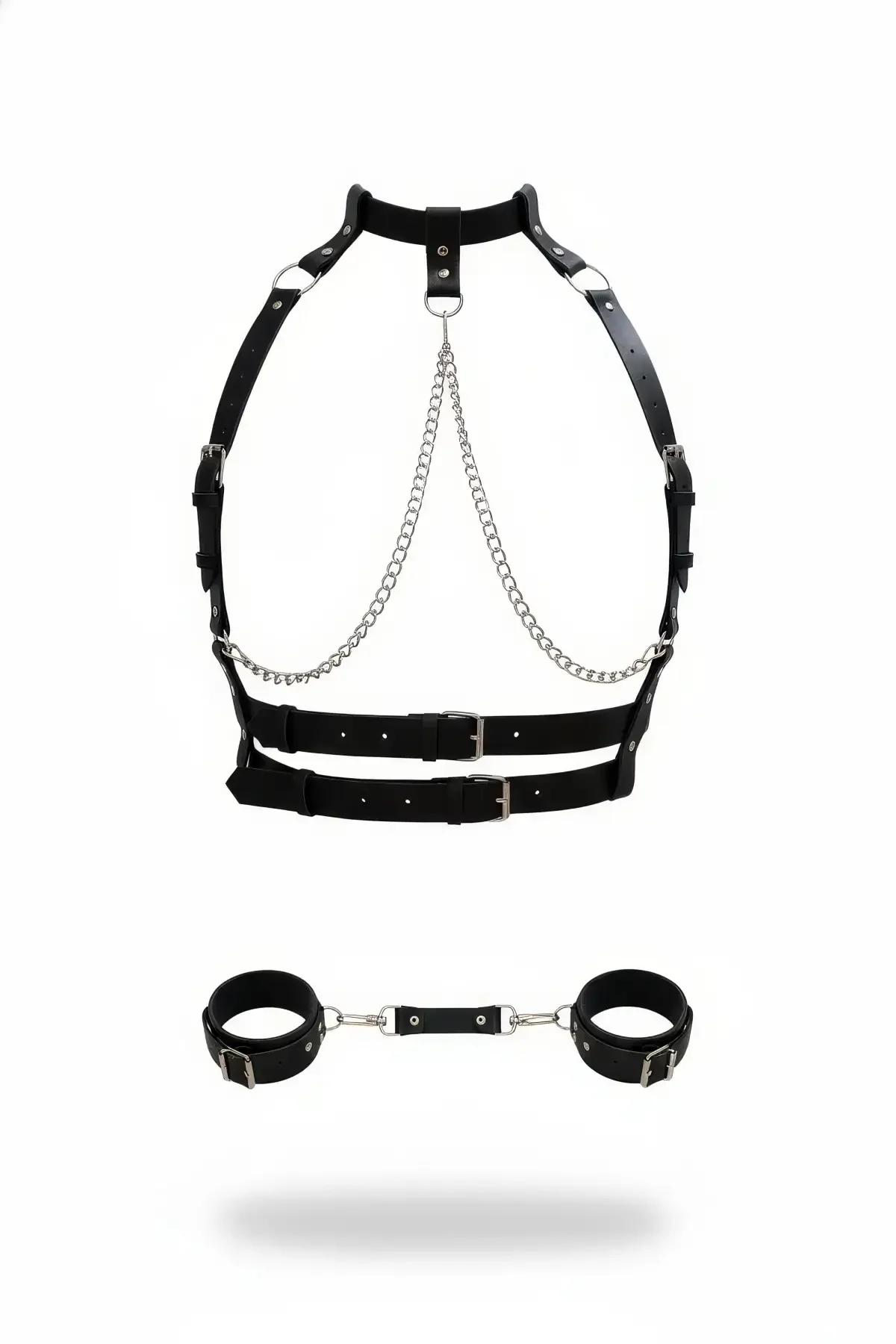 siyah vegan deri harness takım gümüş zincir detaylı göğüs çerçevesi ve bilek kelepçe seti