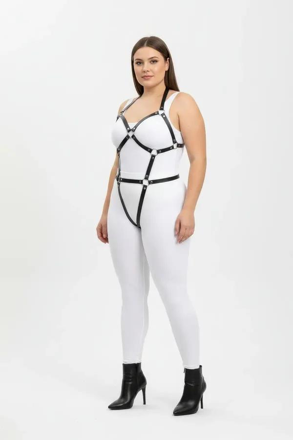 siyah vegan deri full body harness büyük beden kadın gümüş halka detaylı tam vücut aksesuar