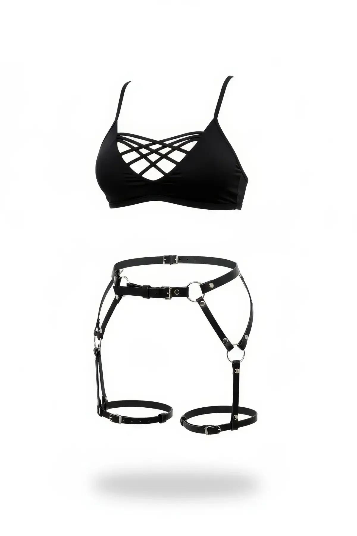 siyah suni deri jartiyer harness gümüş O-halkalı metal tokalı bralet seti vücut aksesuar