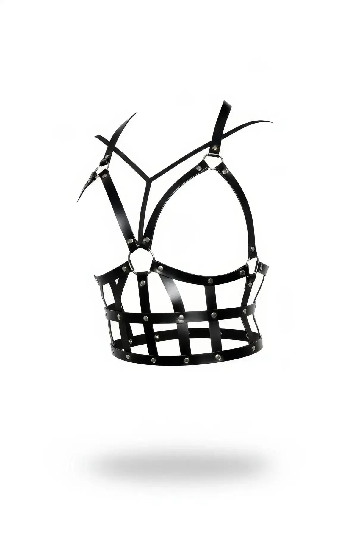 Siyah faux leather zımbalı kafes korse, gümüş O-ring ve metal zımba detaylı, halter kesim üst aksesuar