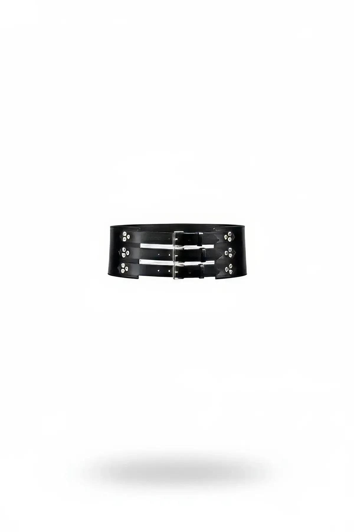 siyah faux leather geniş bel kemeri üç gümüş metal toka ve perçin detaylı aksesuar