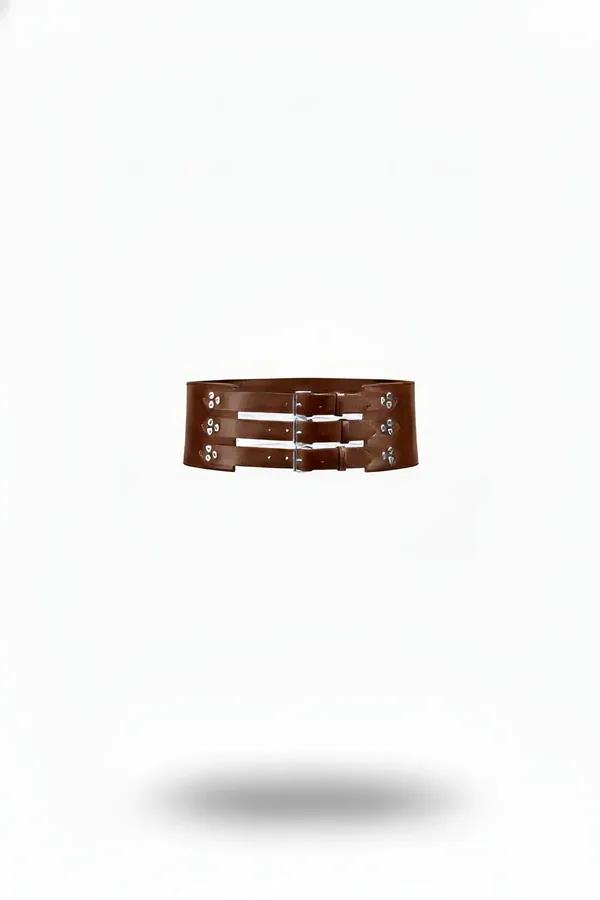 kahverengi faux leather geniş bel kemeri üç gümüş tokalı kadın aksesuar