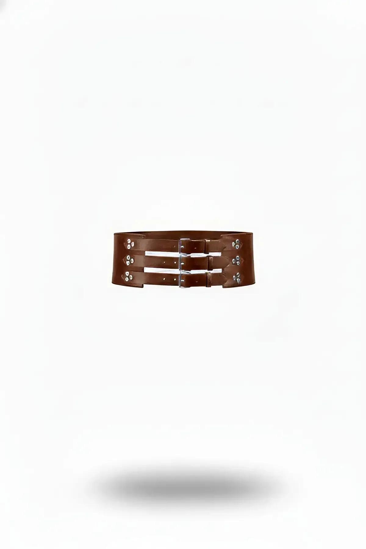 kahverengi faux leather geniş bel kemeri üç gümüş tokalı kadın aksesuar