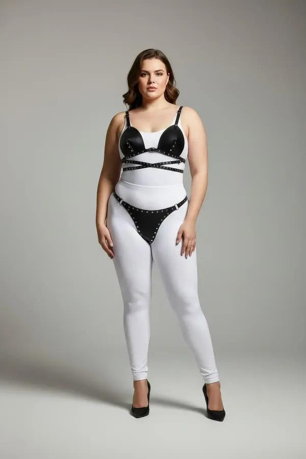büyük beden siyah vegan deri harness takım gümüş zımba detaylı sütyen ve string set