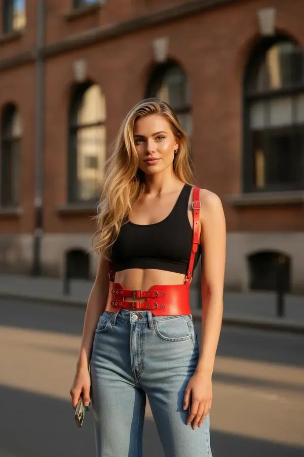 Red Faux Leather Waist Harness with Adjustable Shoulder Straps