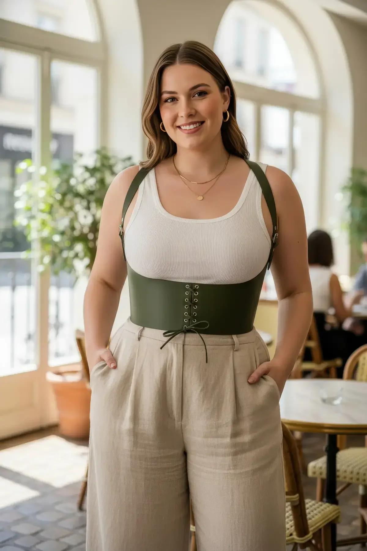 haki vegan deri büyük beden korse kemer bağcıklı ön detay ve altın ton omuz askısı