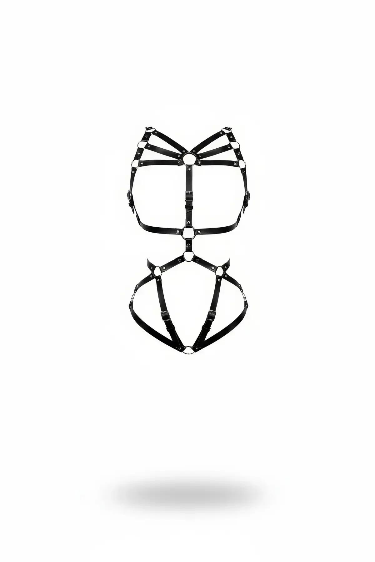 siyah suni deri tam vücut body harness metal gümüş O-halka detaylı geometrik kafes şerit tasarım