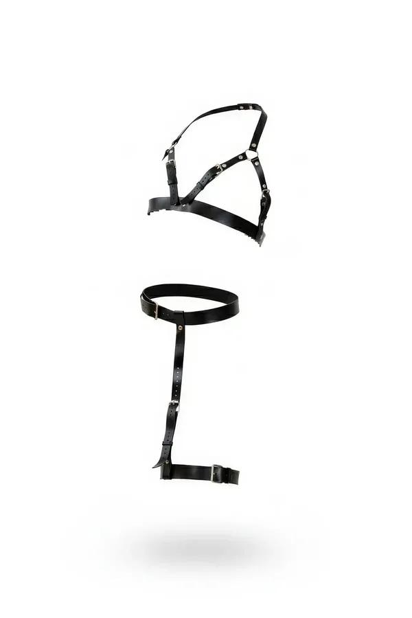 Siyah vegan deri göğüs harness ve bacak jartiyeri 2'li set, gümüş metal toka detayı