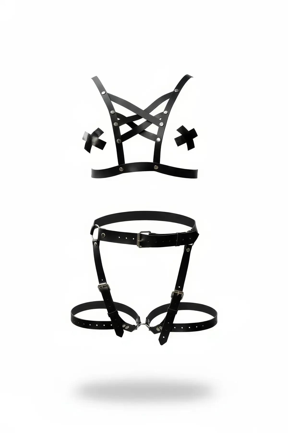 siyah vegan deri zımbalı çapraz bantlı harness takım üst harness ve bacak harness seti