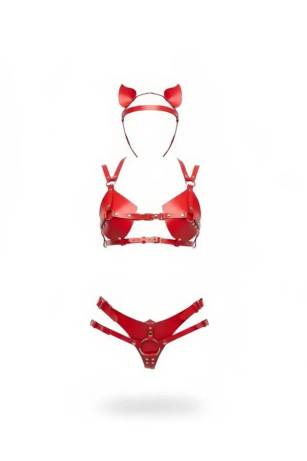kırmızı suni deri harness takım kedi kulaklı kafa bandı zımbalı bralet ve O-halkalı alt parça altın ton metal toka