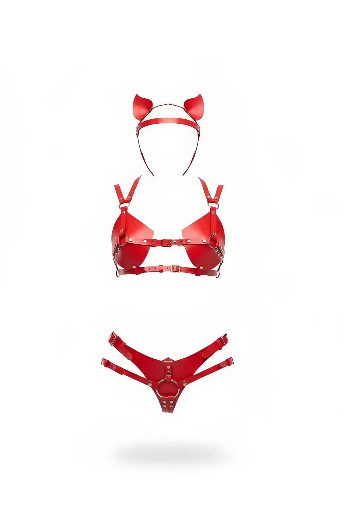 kırmızı suni deri harness takım kedi kulaklı kafa bandı zımbalı bralet ve O-halkalı alt parça altın ton metal toka