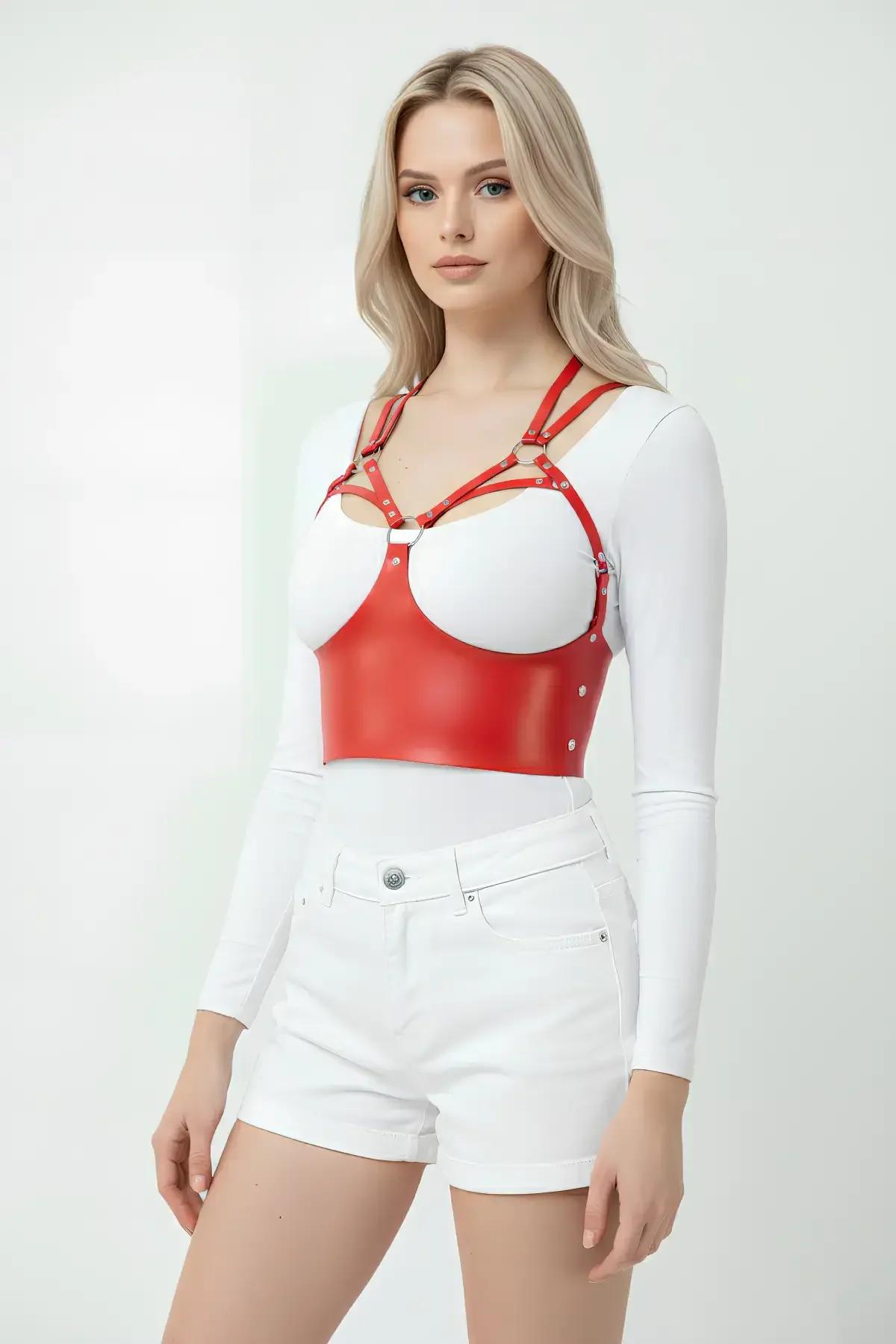 kırmızı vegan deri korse harness kadın vücut aksesuarı gümüş O-ring ve çıtçıt detaylı çoklu askı