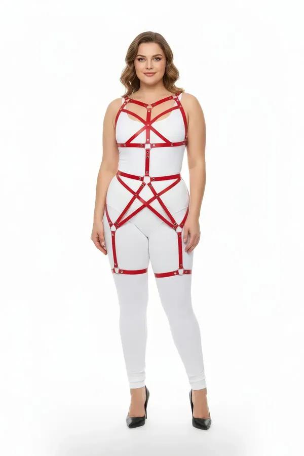 kırmızı vegan deri full body harness takım büyük beden geometrik yıldız desen gümüş O-ring bantlı