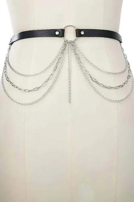 Black faux leather waist harness with five layered silver draping chains and O-ring center detail