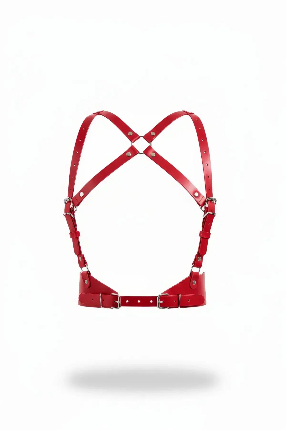 kırmızı suni deri çapraz askılı vücut harness X formlu bantlar gümüş metal toka ayarlanabilir bel kemeri