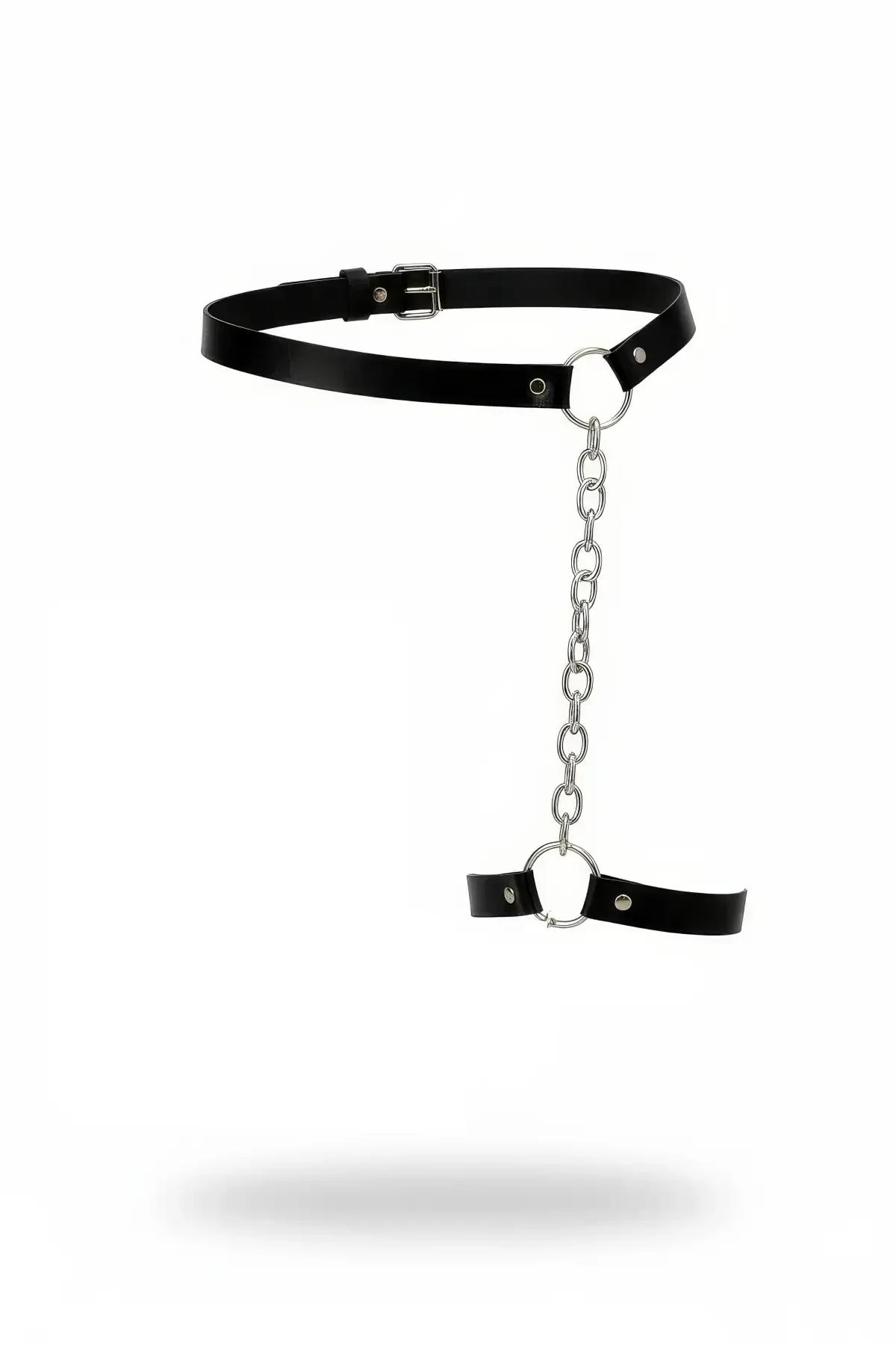 Siyah vegan deri jartiyer harness gümüş zincir ve metal O-halkalı uyluk ile baldır bacak kemeri