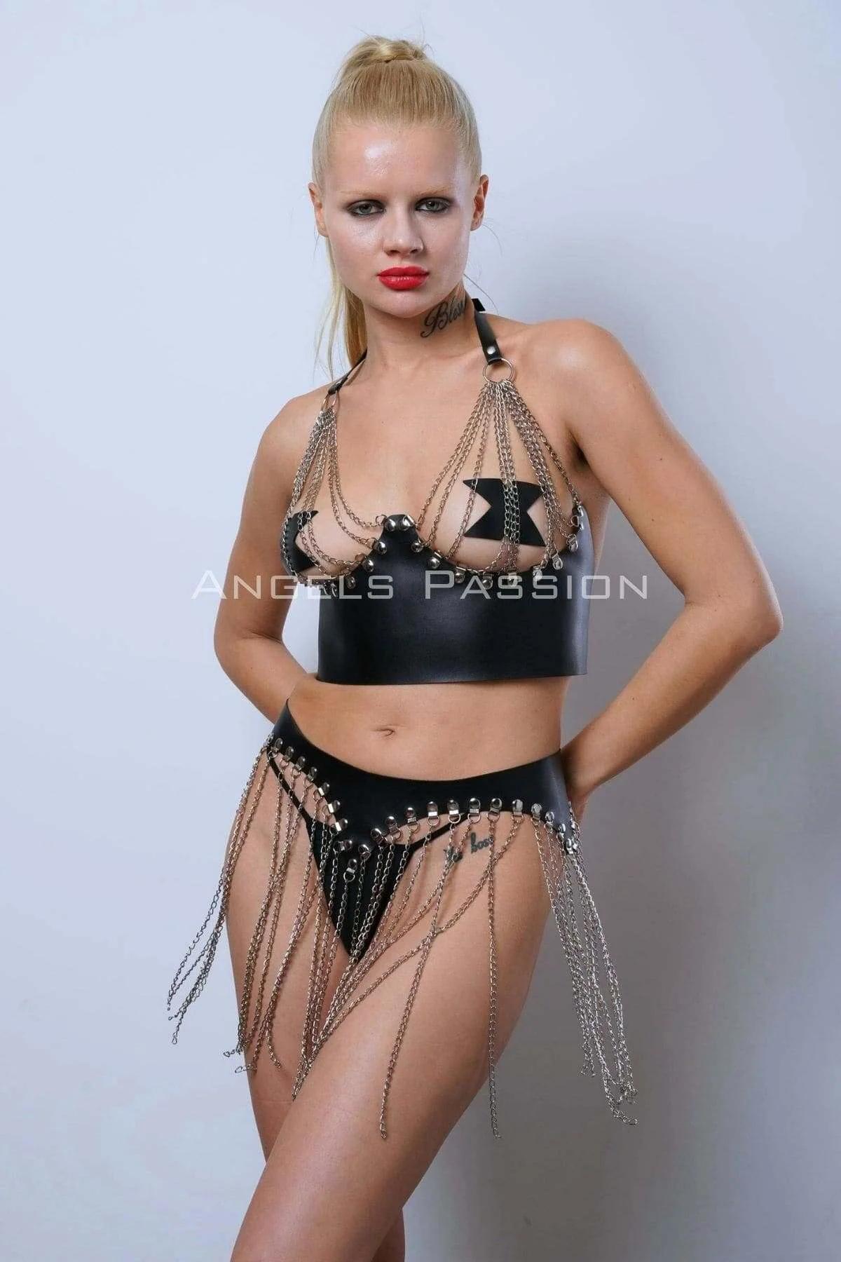 black faux leather halter bra top and high-waist mini skirt set with silver chain fringe and stud rivets
