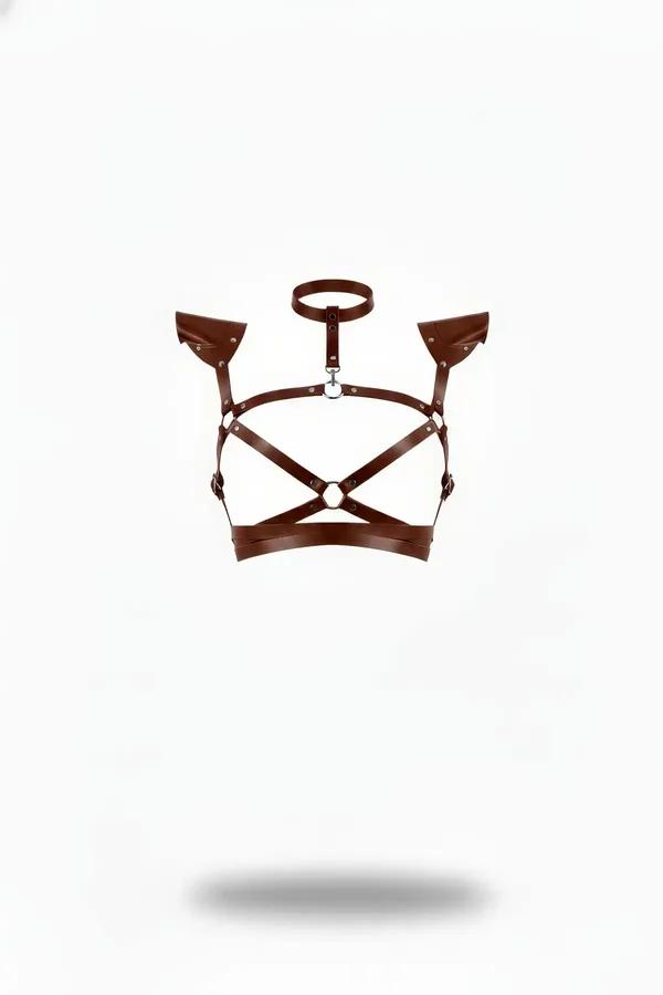 kahverengi vegan deri omuz detaylı vücut harness X çapraz bantlar gümüş O-ring boyun halkası