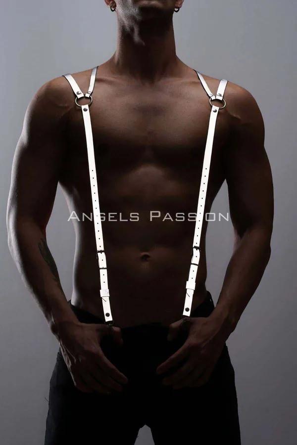 white faux leather adjustable shoulder harness silver O-ring detail worn by male model front view