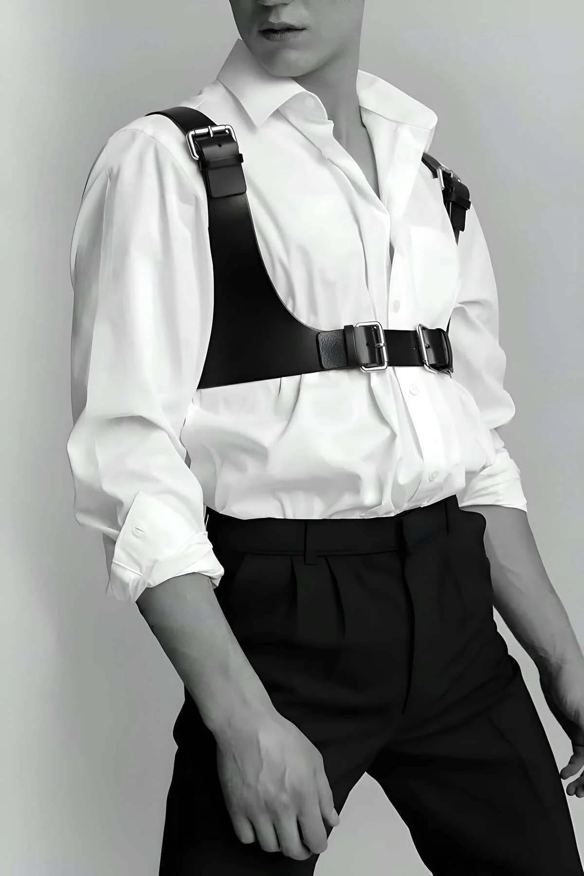 Black faux leather chest harness vest with wide shoulder straps and dual silver buckles worn over white shirt