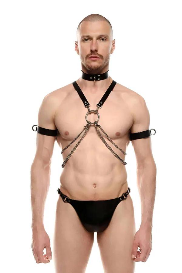 black faux leather chain O-ring body harness with gold-tone chains collar and upper-arm armbands on male model
