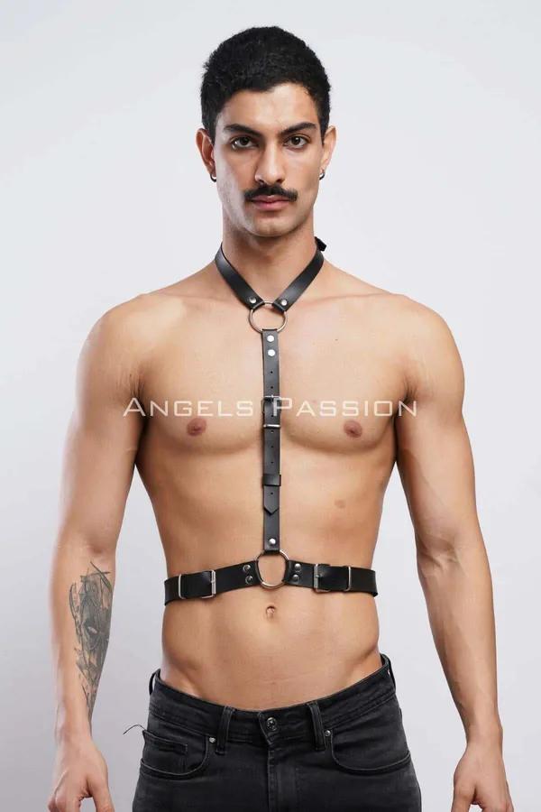 black faux leather halterneck O-ring body harness men with silver buckle waist band front view