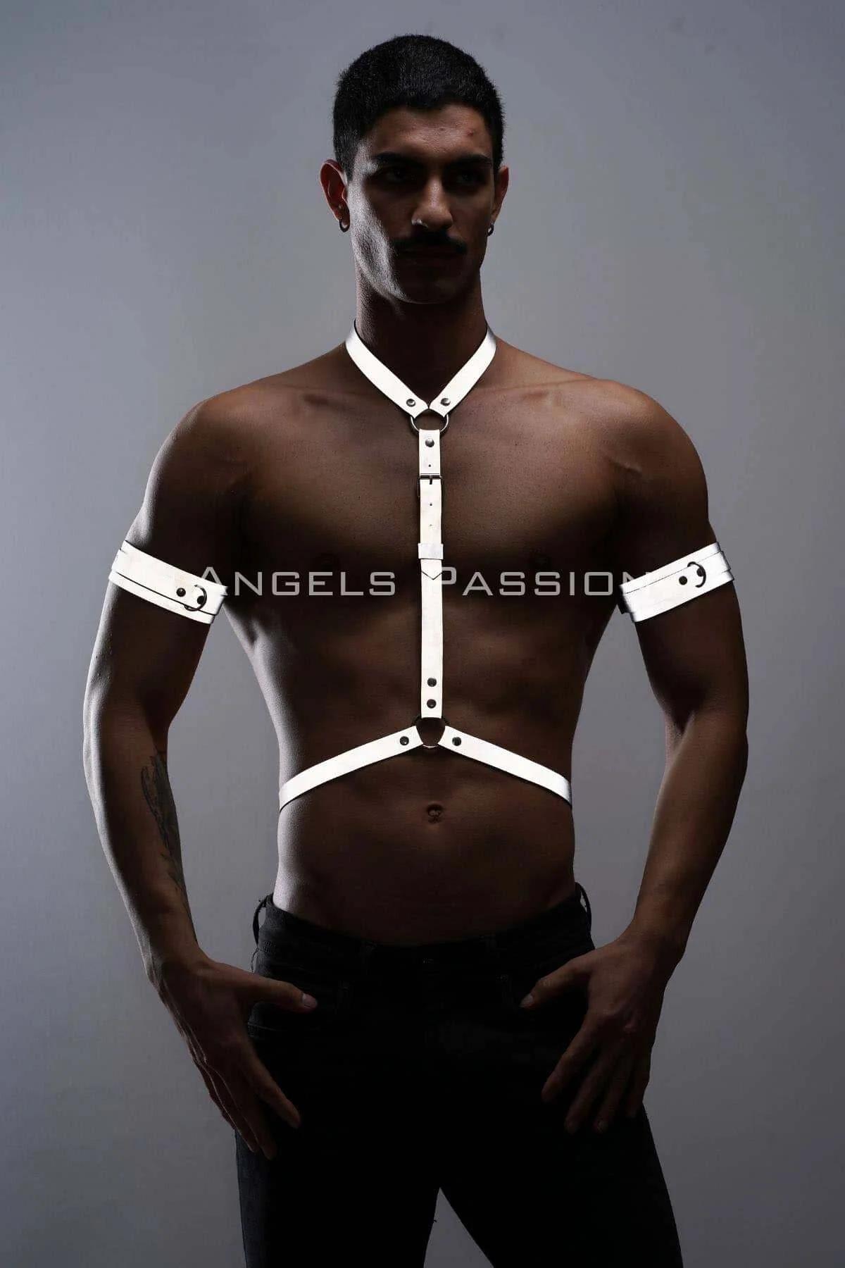 White reflective chest harness with matching armbands, gunmetal O-ring, and snap closures on male model