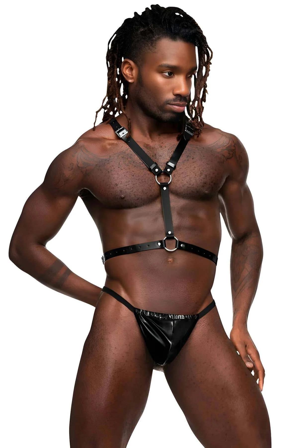 black faux leather chest harness with dual silver O-rings and adjustable shoulder straps on male model