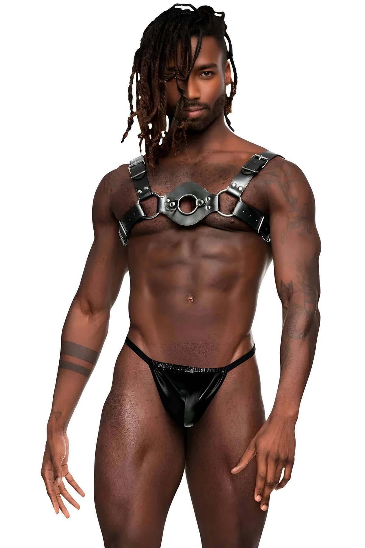 Black faux leather men's chest harness with silver center O-ring and adjustable shoulder buckle straps