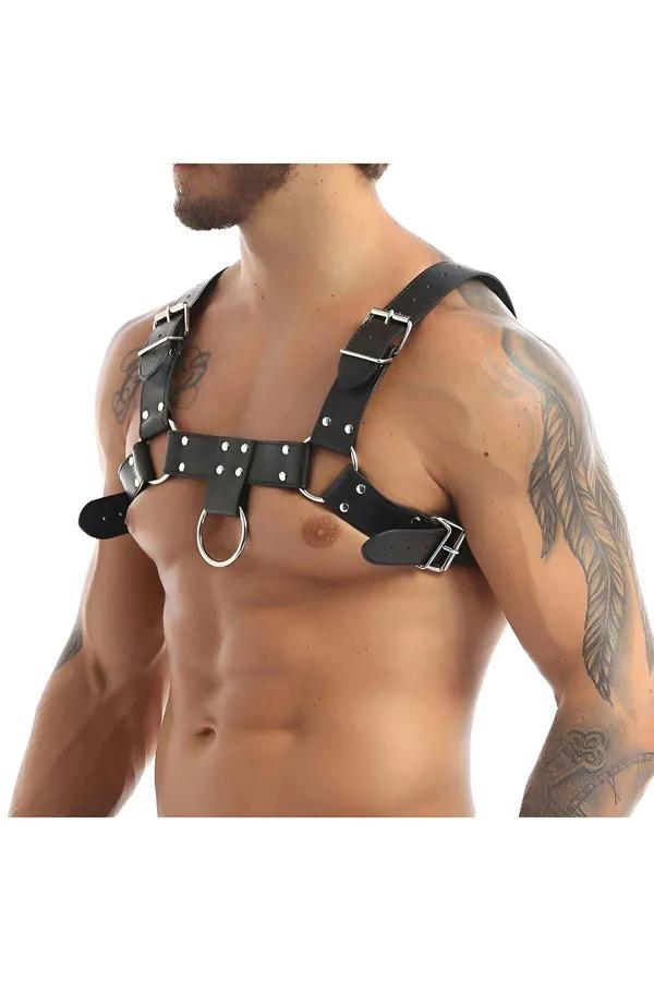 black faux leather body harness with silver O-ring and adjustable buckles worn on male torso