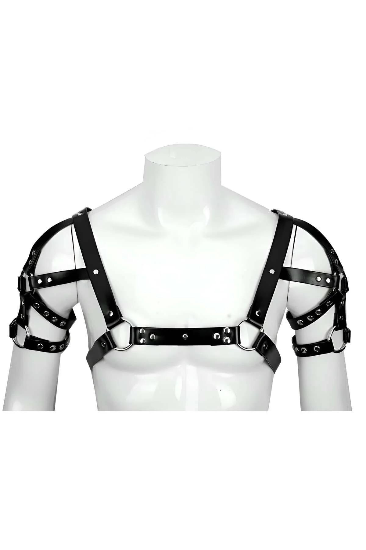 black faux leather body harness with adjustable arm cuff straps and silver O-ring hardware on mannequin