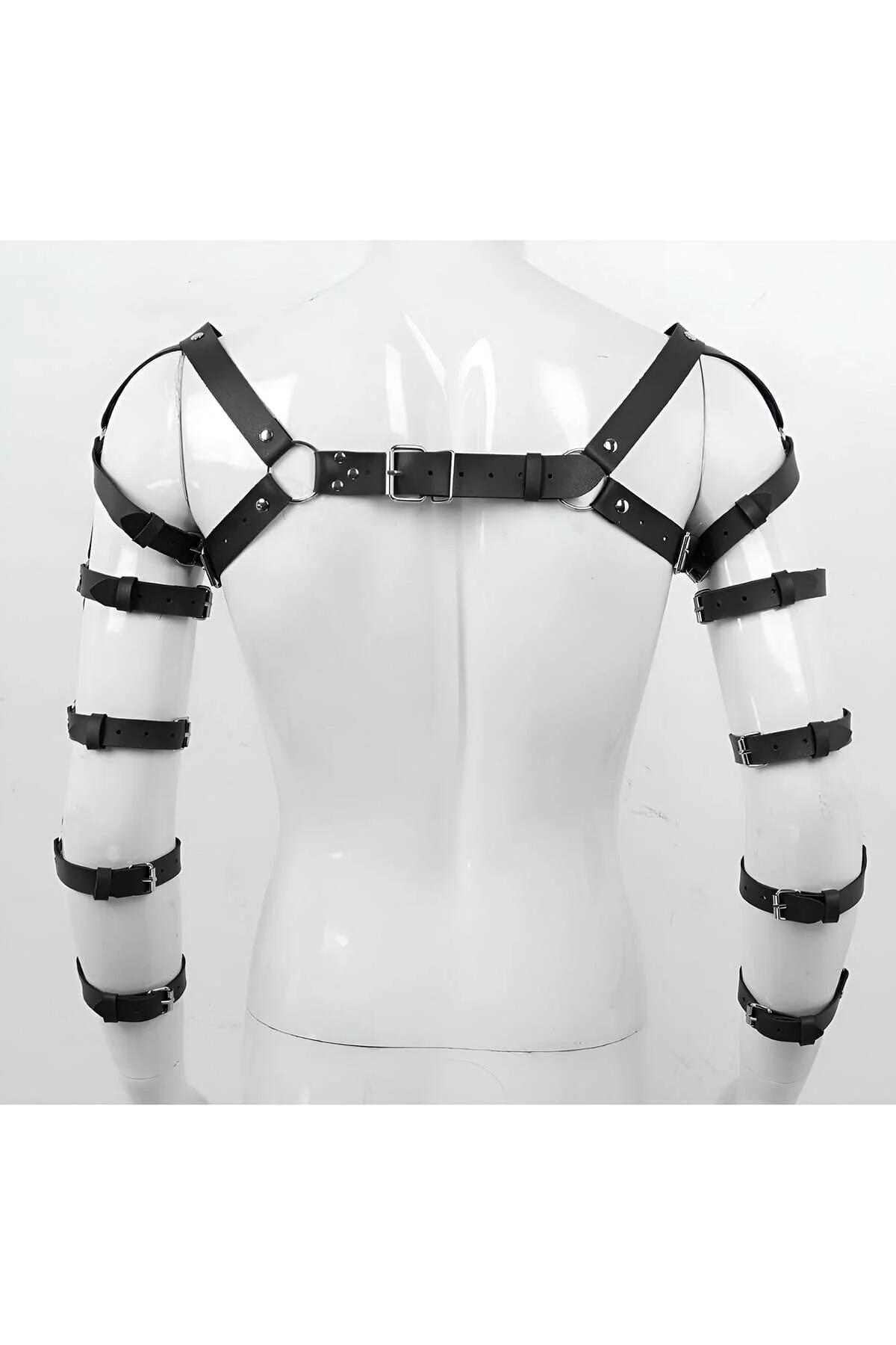Black faux leather adjustable arm harness with silver buckles wrapping both arms, back view on mannequin