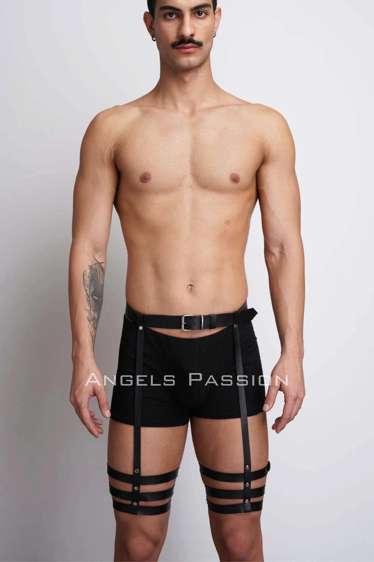 black faux leather adjustable leg harness with triple thigh strap bands and silver waist buckle on male model